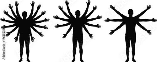 Multi‑armed human silhouette illustration set, motion symmetry abstract anatomy artwork, figure vector design concept