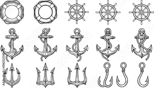 Nautical symbol silhouette illustration set, anchor wheel trident fishing hook maritime artwork, sailing vector design concept