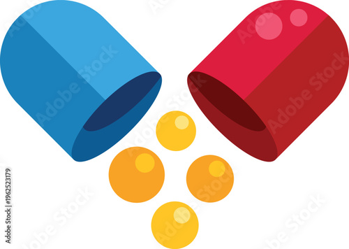 Open medicine capsule releasing yellow drug or vitamin beads