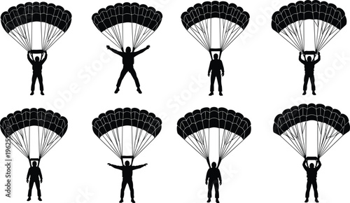 Parachutist silhouette illustration set, skydiver descent canopy flight extreme sport artwork, aerial vector design concept