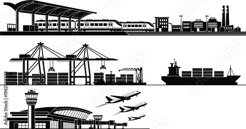 Transportation infrastructure illustration set, train station seaport airport global logistics artwork, rail maritime air vector design concept