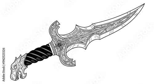 Ornate black and white line drawing of a curved hilt sword