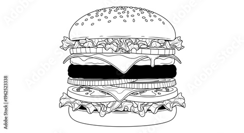 Minimalist black and white line drawing of a sesame seeded burger