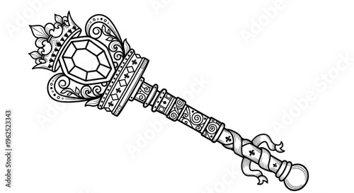 Ornate black and white key with floral crown handle