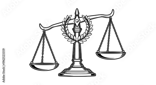 Black and white line drawing of justice scale with laurel wreath