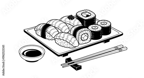 Black and white line drawing of sushi set with chopsticks and soy sauce