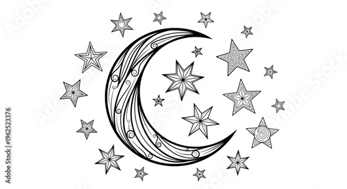Crescent moon with swirling patterns and scattered stars