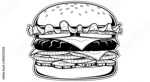 Coon-style black and white burger with stacked toppings and tilted bun