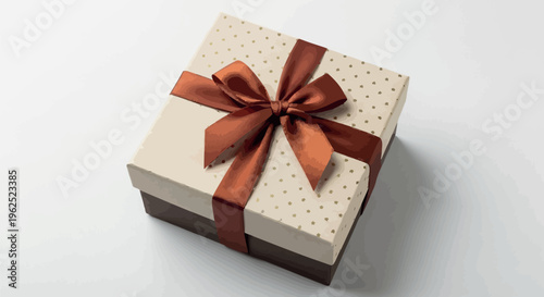 Elegant square gift box with a rich brown satin ribbon and subtle gold star pattern resting on a clean white surface.