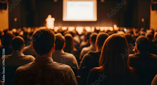 Cinematic Over-the-Shoulder Seminar – Professional Audience in Dimly Lit Auditorium