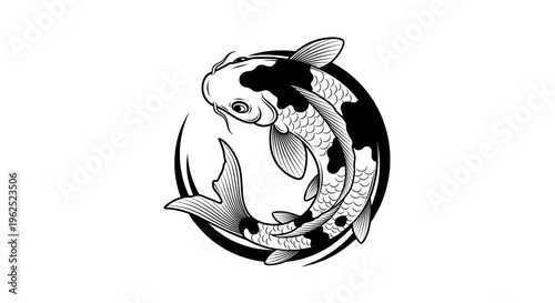 Black and white koi fish swimming in circular form