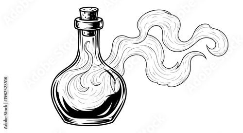 Black and white line drawing of potion bottle with flowing liquid