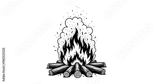 Black and white campfire with glowing flames and rising smoke