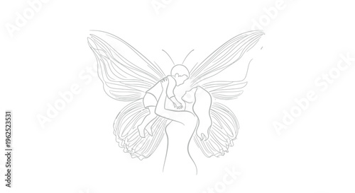 Beautiful line art drawing depicts a mother lovingly lifting her small child beneath expansive, delicate butterfly wings symbolizing transformation and affection.