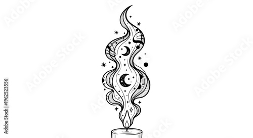 Candle with crescent moon and stars in flowing flame