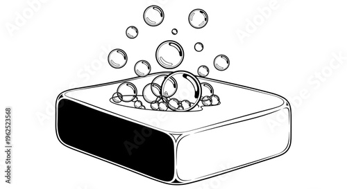 Black and white line drawing of soap dish with floating bubbles