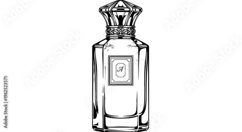 Elegant black and white line drawing of a perfume bottle with ornate label