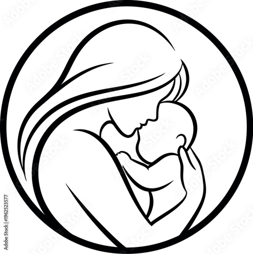A heartwarming black and white line art illustration within a circle captures a loving mother tenderly holding and embracing her precious newborn baby, symbolizing maternal love and protection.