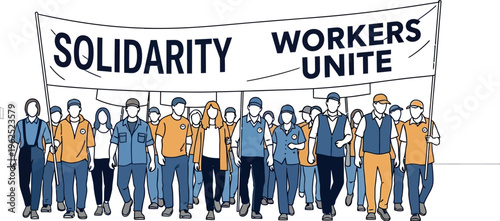 Diverse group of industrial workers marches forward holding a large banner demanding solidarity and collective workers' rights action now