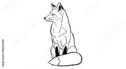 Black and white line drawing of a serene fox sitting