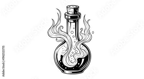 Black and white potion bottle with flowing liquid and flames