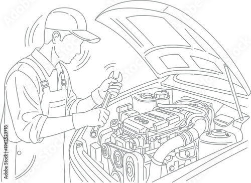 Skilled mechanic wearing overalls and cap diligently inspecting and repairing an automobile engine bay using a large wrench tool.
