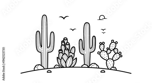 Minimalist black and white desert scene with cacti and flying birds