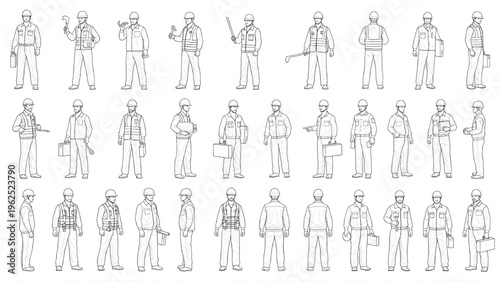 Construction Worker Human Scale Figures 20-Element Set – Helmet and Tool Poses AutoCAD Architectural CAD Blueprint Multi-Elevations