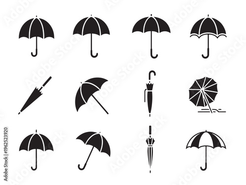 A collection of black umbrella icons in various positions and styles