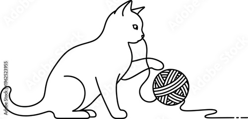 Minimalist outline drawing depicts a playful kitten engaging with a tangled ball of yarn using one paw in simple line art style.