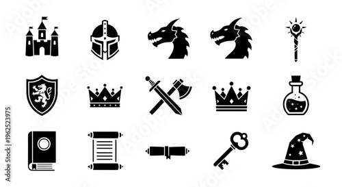 Medieval fantasy s in black and white grid layout