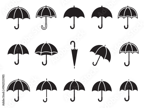 Collection of black umbrellas in various positions and styles