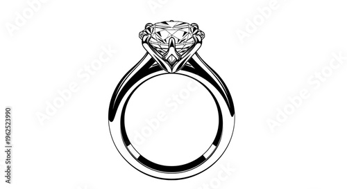 Elegant black and white line drawing of diamond engagement ring