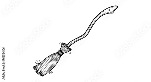 Minimalist black and white broomstick with curved handle and star tip