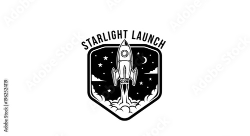 Stylized rocket emblem with crescent moon and stars in monochrome