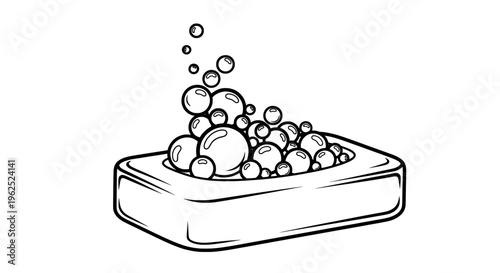 Black and white line drawing of soap dish with floating bubbles