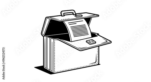 Black and white line drawing of open ballot box with paper inside