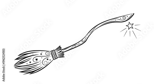 Magical broomstick with swirling stars and curved handle