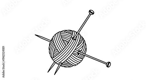 Minimal black and white line drawing of yarn ball and knitting needles