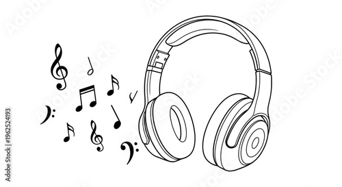 Minimalist black and white headphones with floating musical notes