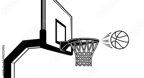Black and white basketball hoop with net and flying ball