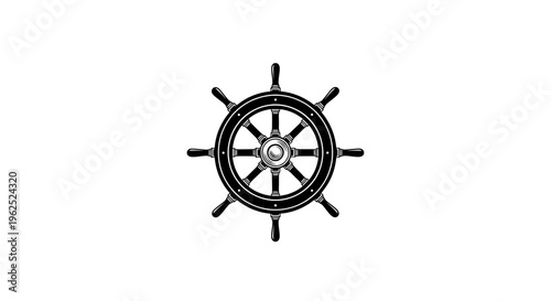 Black and white ship wheel with symmetrical spokes and compass center