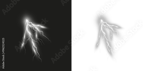 Realistic lightning bolt electric strike with glowing effect isolated on transparent background