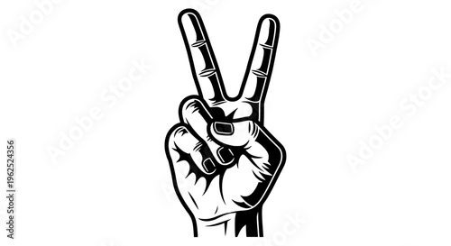 Minimalist black and white hand forming peace sign gesture