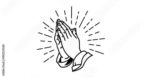 Clasped hands in prayer with radiant light beams upward