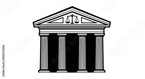 Minimalist black and white Greek temple with justice scales