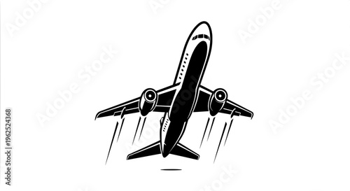 Black and white airplane in upward flight with four engines