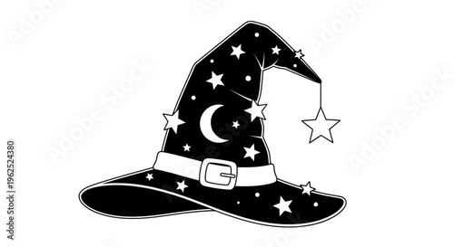 Minimalist black and white witch hat with celestial decorations