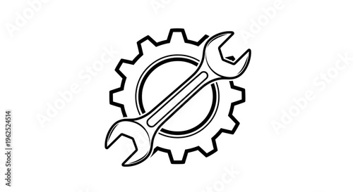 Black and white line drawing of gear with crossed wrenches
