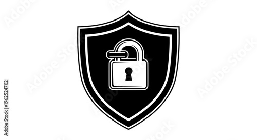 Minimalist black and white shield with central padlock symbol